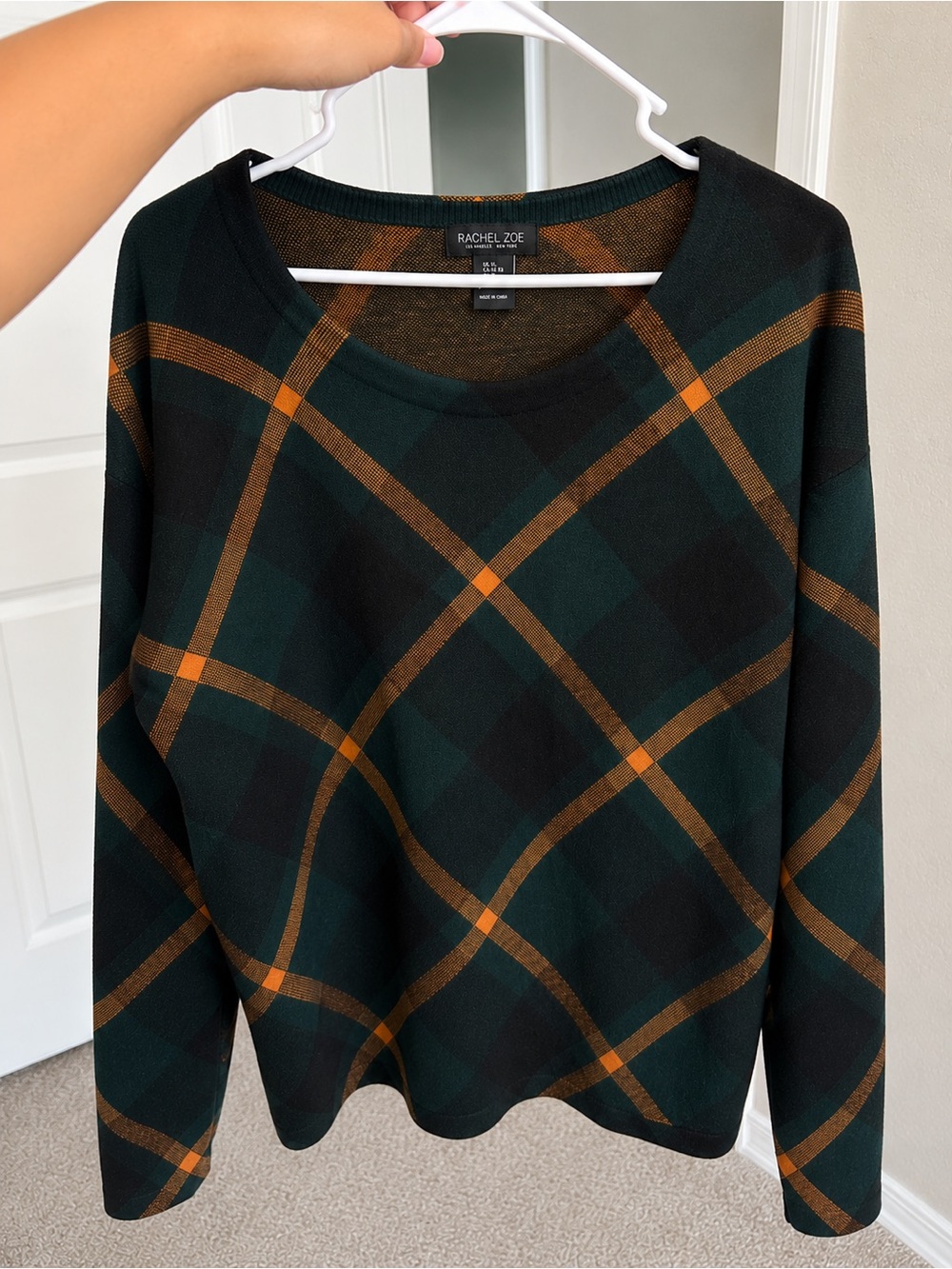 Rachel Zoe Forest Green and orange Plaid Crewneck Sweater